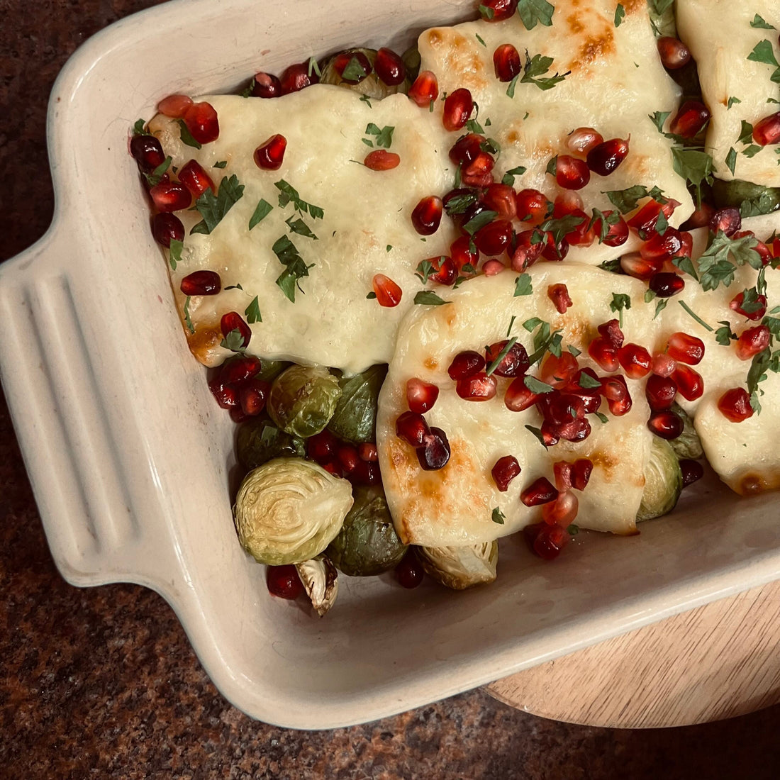 Roasted Brussel Sprouts With Lincolnshire Halloumi & Pomegranate